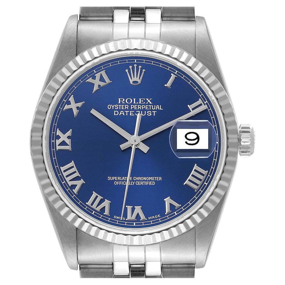 Rolex Datejust Steel White Gold Fluted Bezel Blue Roman Dial Mens Watch 16234