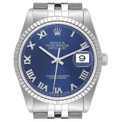 Rolex Datejust 36 Steel White Gold Fluted Bezel Blue Roman Dial Mens Watch 16234