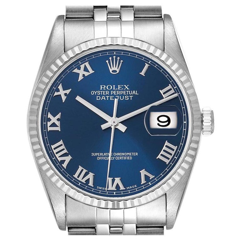 Rolex Datejust Steel White Gold Fluted Bezel Blue Roman Dial Mens Watch  16234 For Sale at 1stDibs