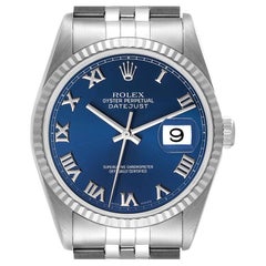 Rolex Datejust Steel White Gold Fluted Bezel Blue Roman Dial Mens Watch 16234