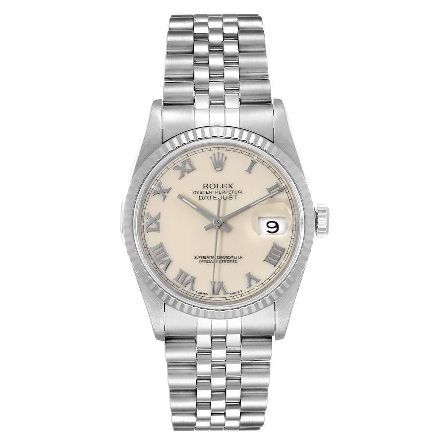 Rolex Datejust 36 Acero Oro Blanco Bisel Acanalado Esfera Marfil Reloj Caballero 16234. Movimiento automático con certificado oficial de cronómetro. Caja Oyster de acero inoxidable de 36 mm de diámetro. Logotipo de Rolex en la corona. bisel estriado