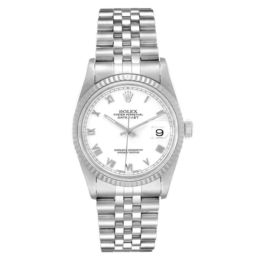 Rolex Datejust 36 Steel White Gold Fluted Bezel Mens Watch 16234 Box. Officially certified chronometer self-winding movement. Stainless steel oyster case 36 mm in diameter. Rolex logo on a crown. 18k white gold fluted bezel. Scratch resistant