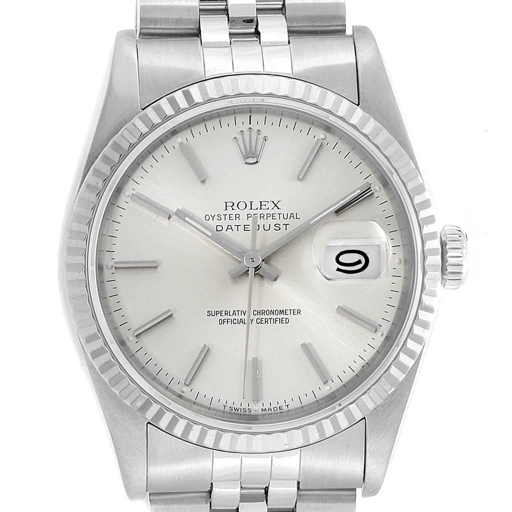 Rolex Datejust 36 Steel White Gold Fluted Bezel Mens Watch 16234. Officially certified chronometer automatic self-winding movement. Stainless steel oyster case 36 mm in diameter. Rolex logo on a crown. 18k white gold fluted bezel. Scratch resistant