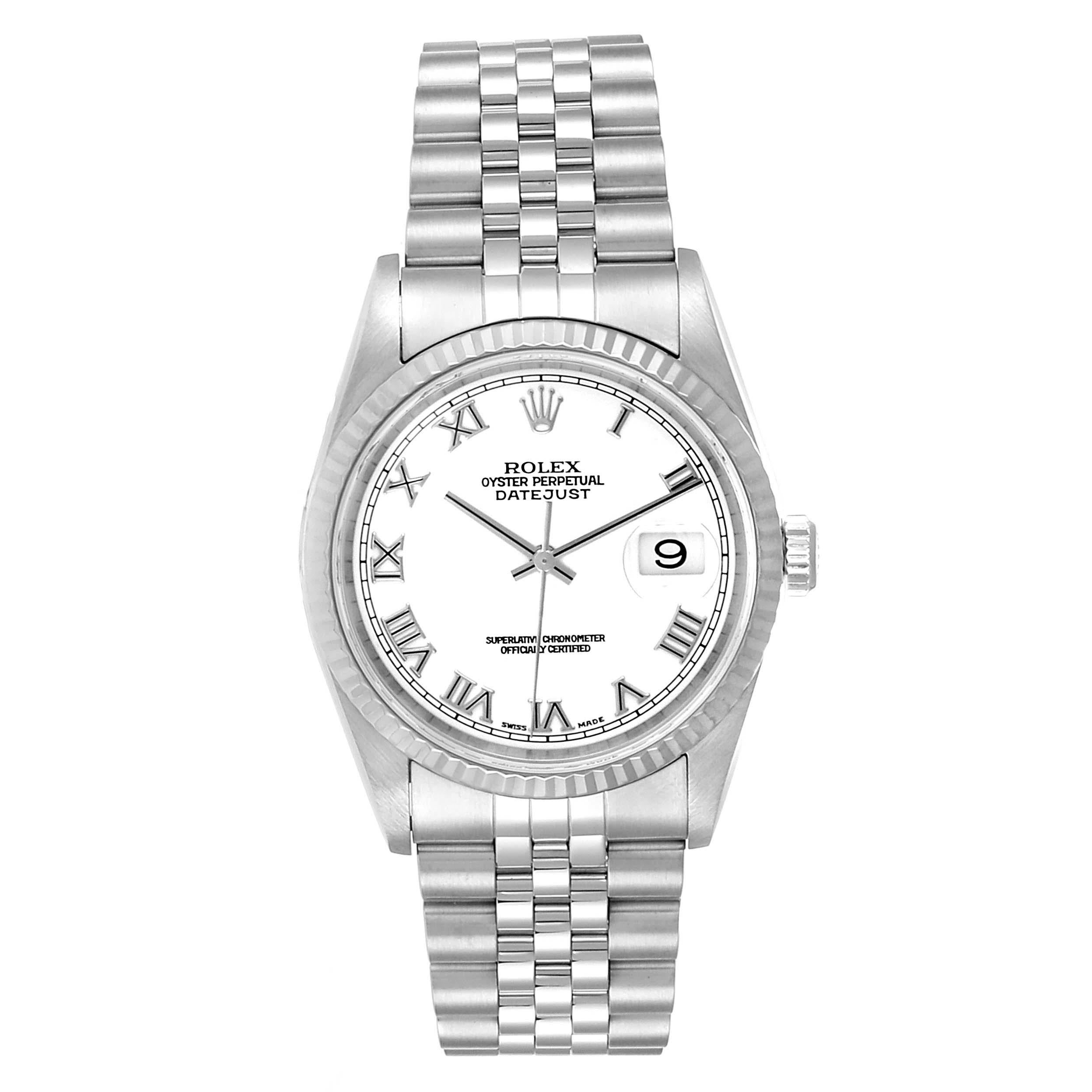 Rolex Datejust 36 Steel White Gold Fluted Bezel Mens Watch 16234. Officially certified chronometer self-winding movement. Stainless steel oyster case 36 mm in diameter. Rolex logo on a crown. 18k white gold fluted bezel. Scratch resistant sapphire