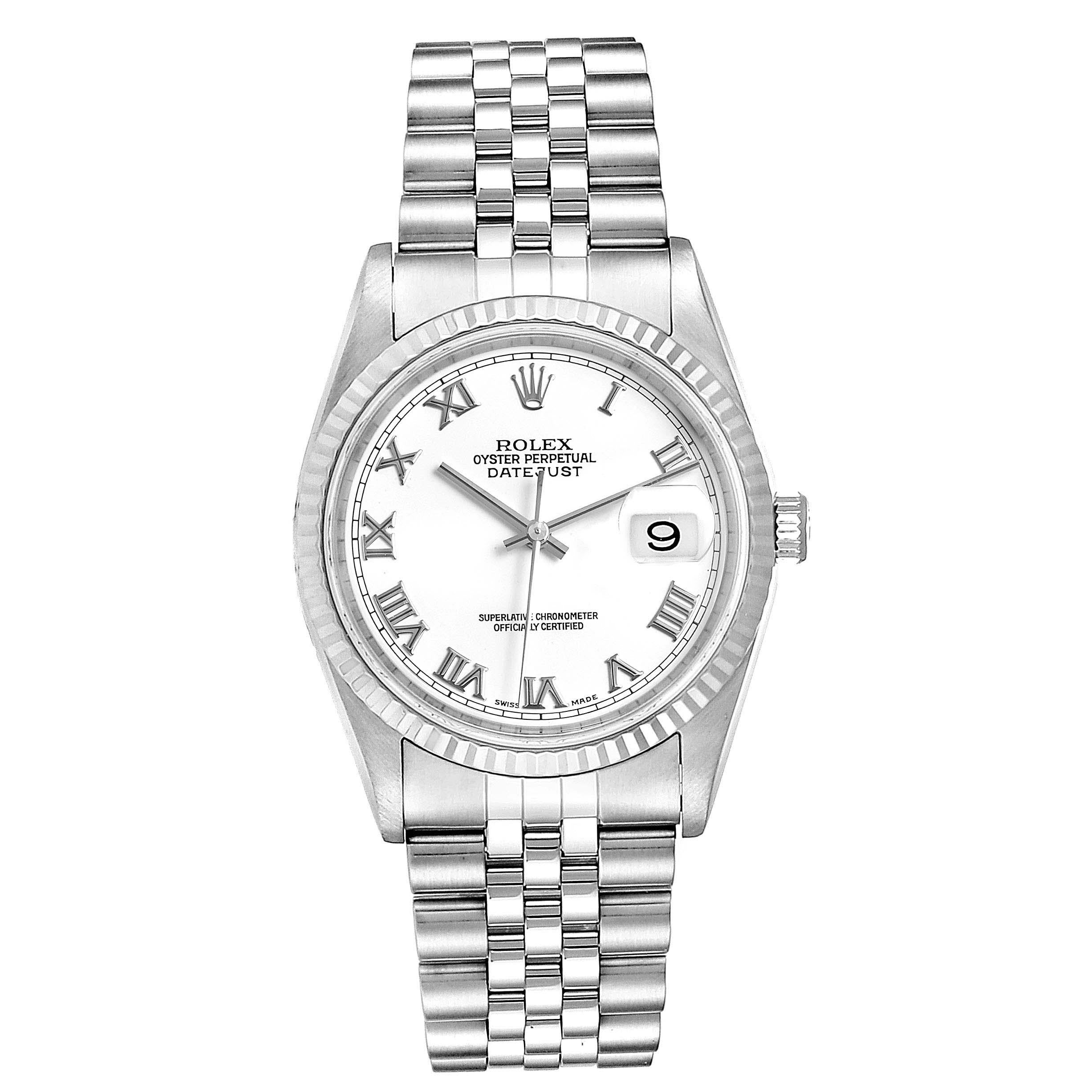 Rolex Datejust 36 Steel White Gold Fluted Bezel Mens Watch 16234. Officially certified chronometer self-winding movement. Stainless steel oyster case 36 mm in diameter. Rolex logo on a crown. 18k white gold fluted bezel. Scratch resistant sapphire