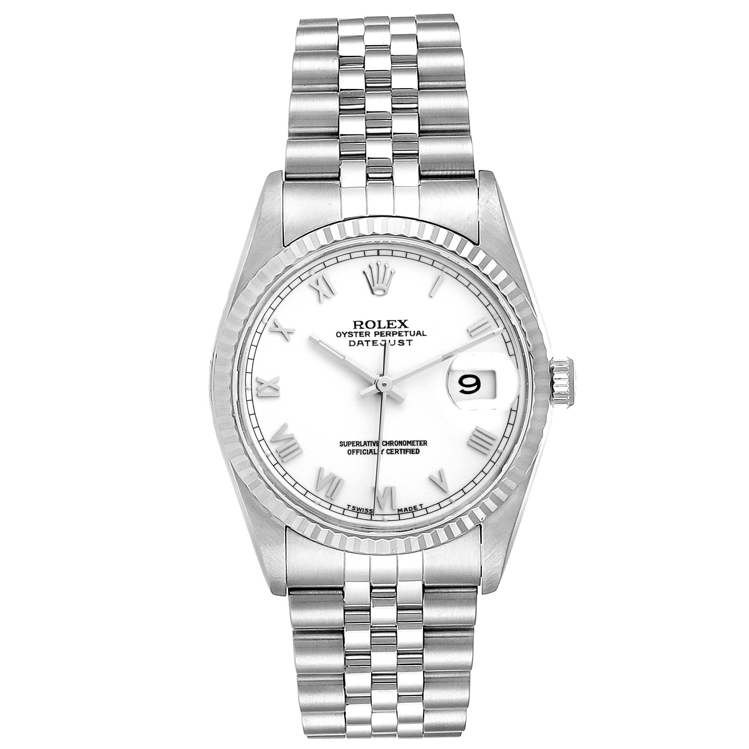 Rolex Datejust 36 Steel White Gold Fluted Bezel Mens Watch 16234. Officially certified chronometer self-winding movement. Stainless steel oyster case 36 mm in diameter. Rolex logo on a crown. 18k white gold fluted bezel. Scratch resistant sapphire