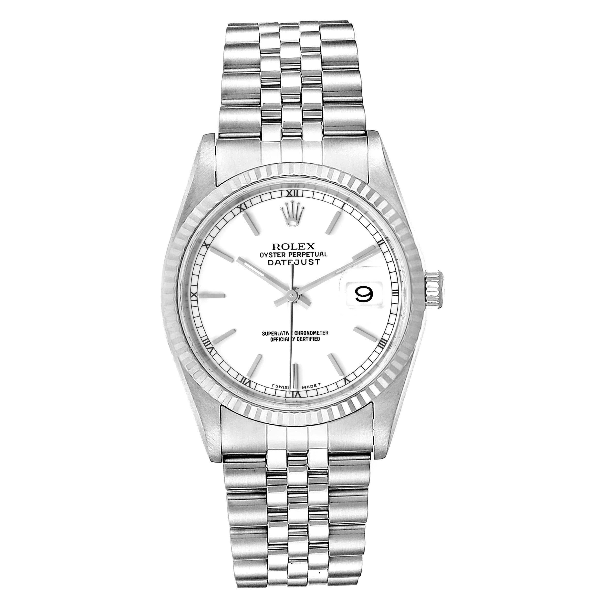 Rolex Datejust 36 Steel White Gold Jubilee Bracelet Mens Watch 16234. Officially certified chronometer self-winding movement. Stainless steel oyster case 36 mm in diameter. Rolex logo on a crown. 18k white gold fluted bezel. Scratch resistant