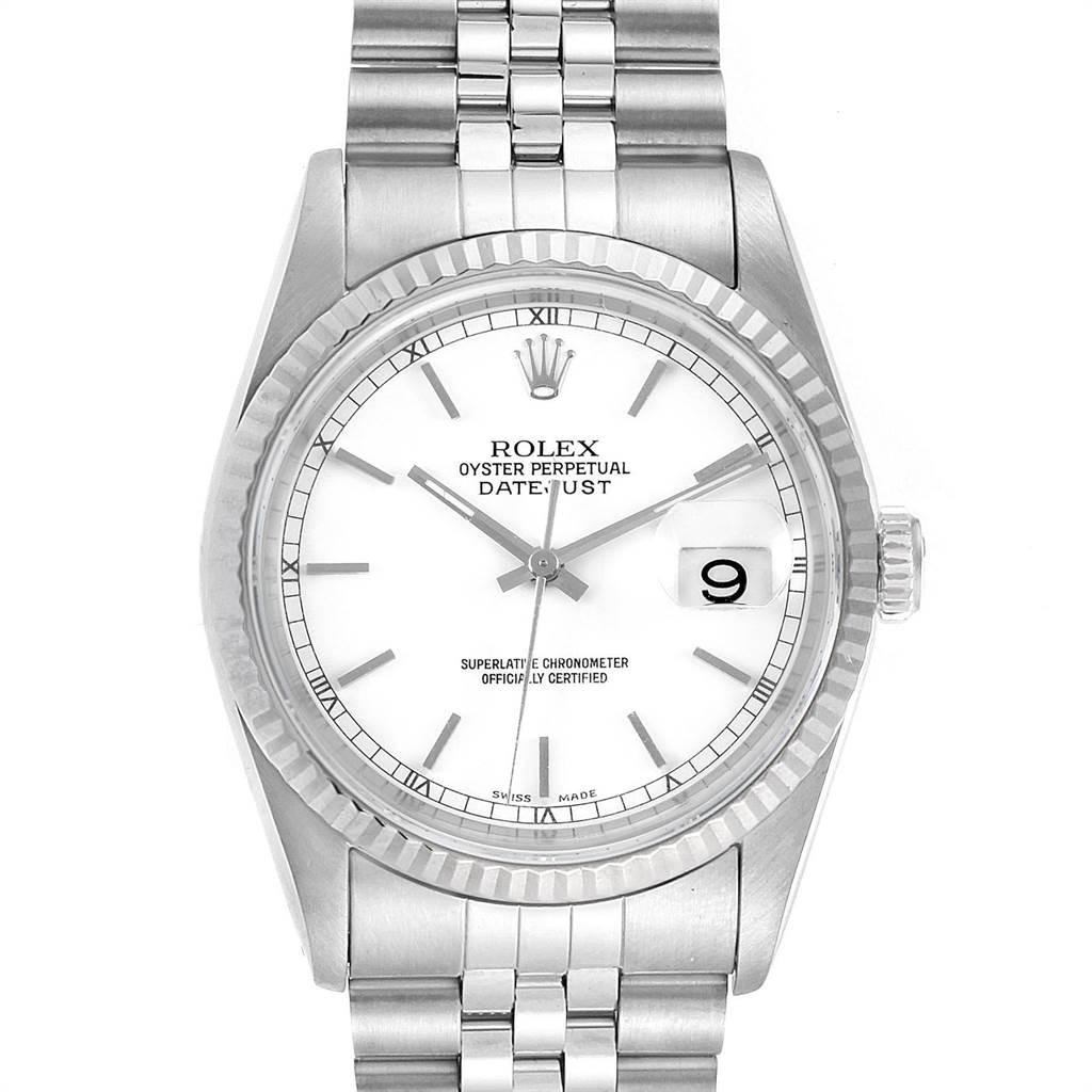 Rolex Datejust 36 Steel White Gold Jubilee Bracelet Mens Watch 16234. Officially certified chronometer self-winding movement. Stainless steel oyster case 36 mm in diameter. Rolex logo on a crown. 18k white gold fluted bezel. Scratch resistant