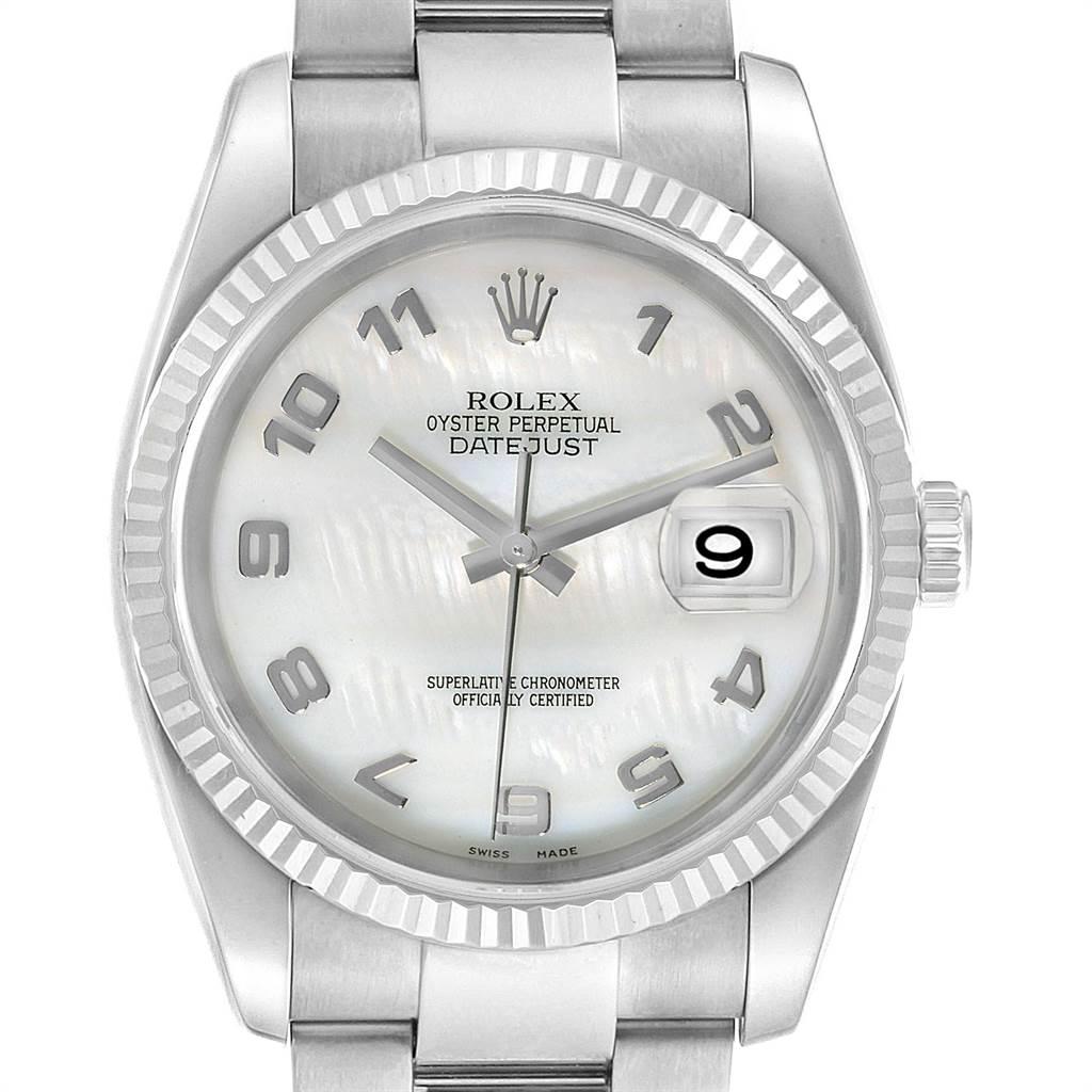 Rolex Datejust 36 Steel White Gold Mother of Pearl Mens Watch 116234. Officially certified chronometer self-winding movement with quickset date. Stainless steel case 36.0 mm in diameter. Rolex logo on a crown. 18K white gold fluted bezel. Scratch