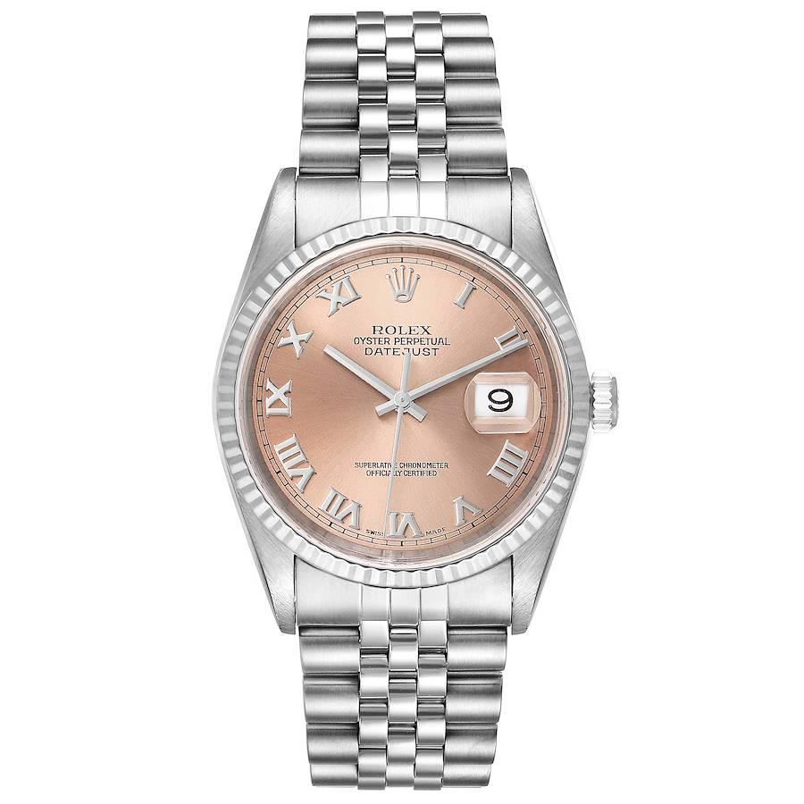 Rolex Datejust 36 Steel White Gold Salmon Dial Mens Watch 16234 Box Papers. Officially certified chronometer self-winding movement. Stainless steel oyster case 36 mm in diameter. Rolex logo on a crown. 18k white gold fluted bezel. Scratch resistant
