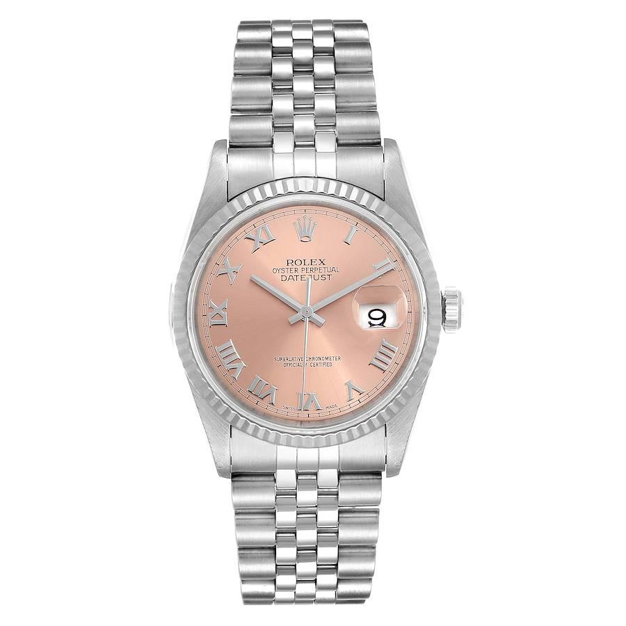 Rolex Datejust 36 Steel White Gold Salmon Dial Mens Watch 16234. Officially certified chronometer self-winding movement. Stainless steel oyster case 36 mm in diameter. Rolex logo on a crown. 18k white gold fluted bezel. Scratch resistant sapphire