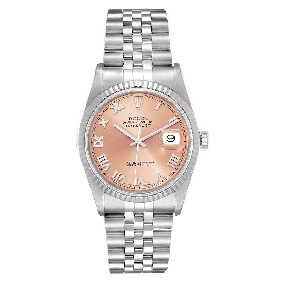 Rolex Datejust 36 Steel White Gold Salmon Dial Mens Watch 16234. Officially certified chronometer self-winding movement. Stainless steel oyster case 36 mm in diameter. Rolex logo on a crown. 18k white gold fluted bezel. Scratch resistant sapphire