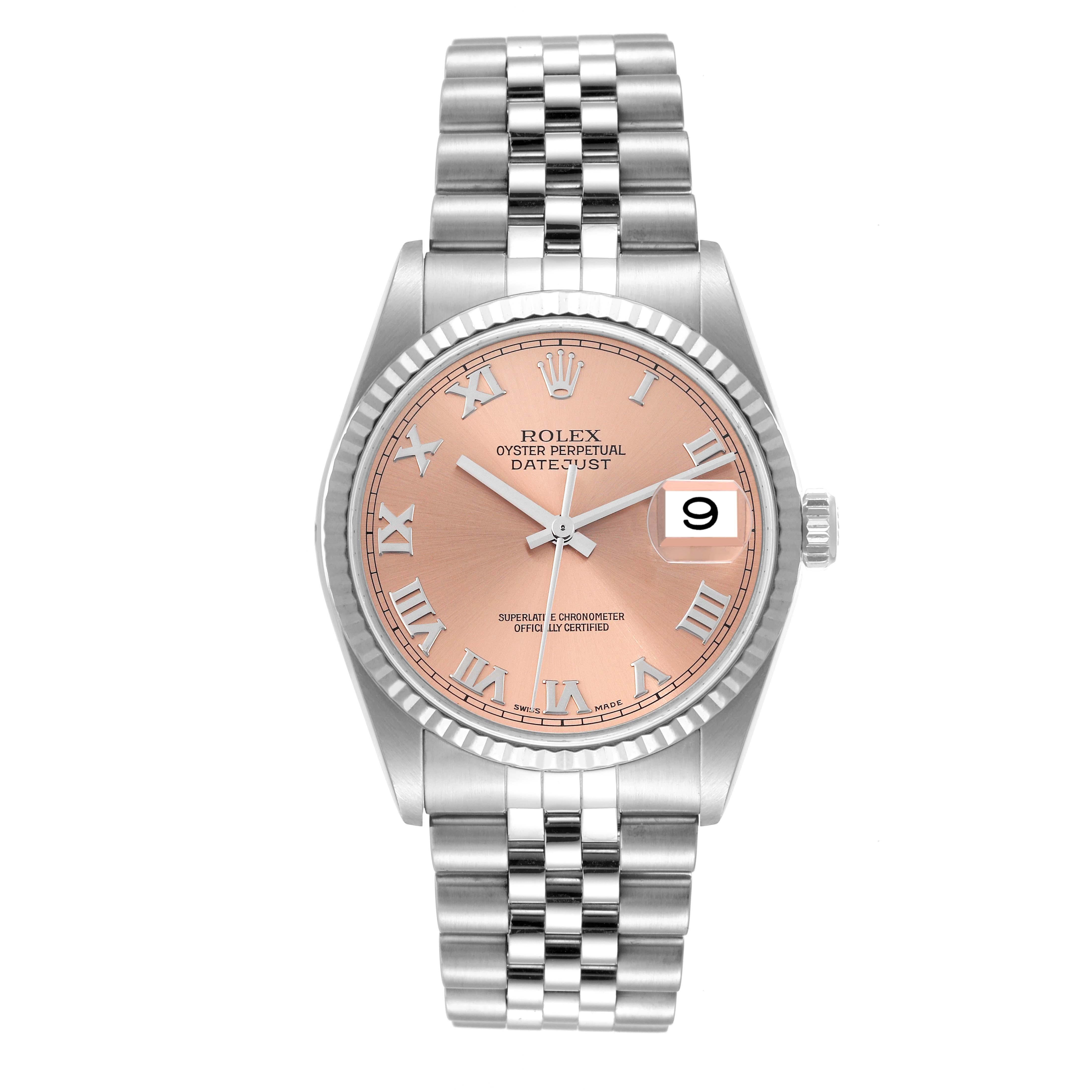 Rolex Datejust 36 Steel White Gold Salmon Roman Dial Mens Watch 16234. Officially certified chronometer automatic self-winding movement. Stainless steel oyster case 36 mm in diameter. Rolex logo on the crown. 18k white gold fluted bezel. Scratch
