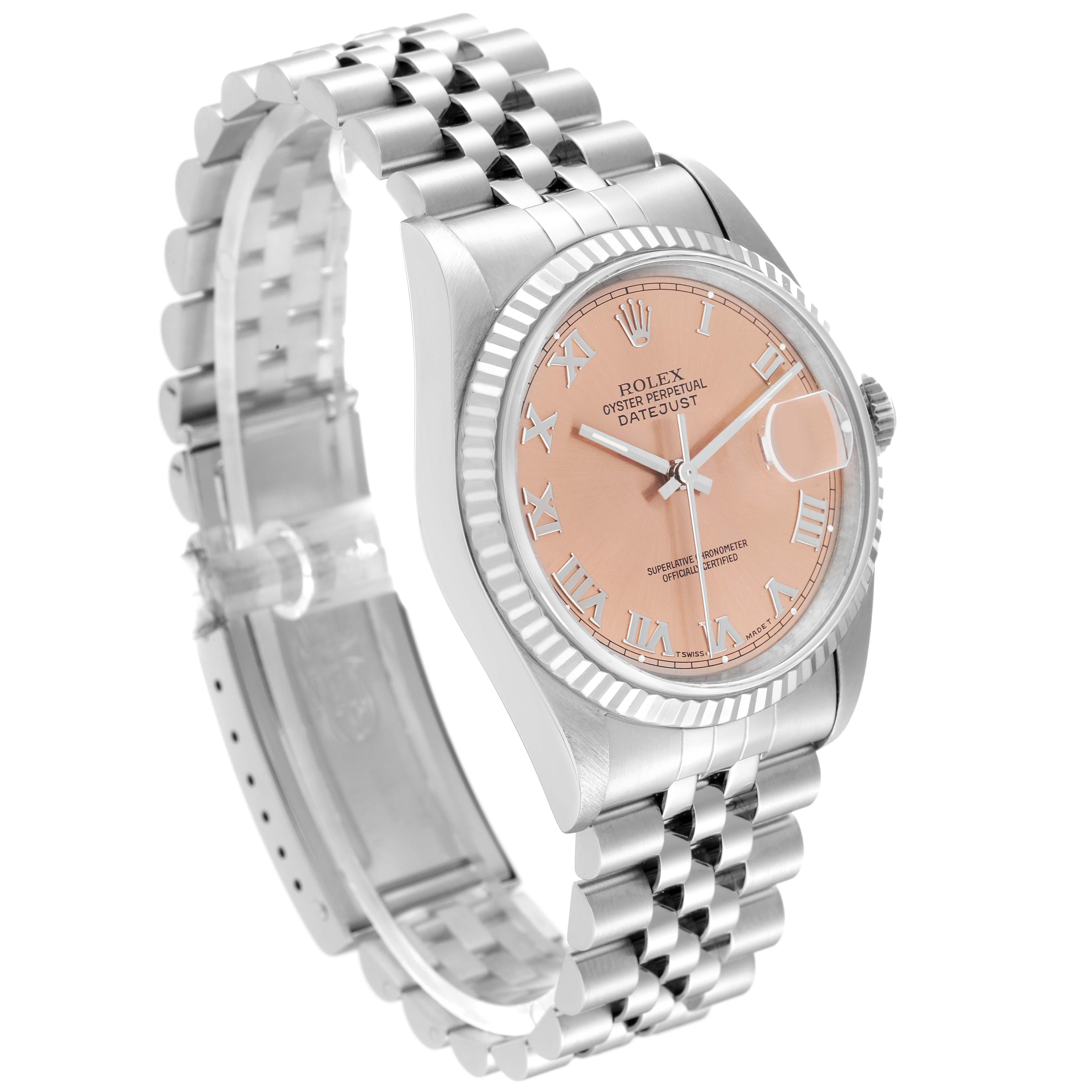 Rolex Datejust 36 Steel White Gold Salmon Roman Dial Mens Watch 16234 In Excellent Condition For Sale In Atlanta, GA