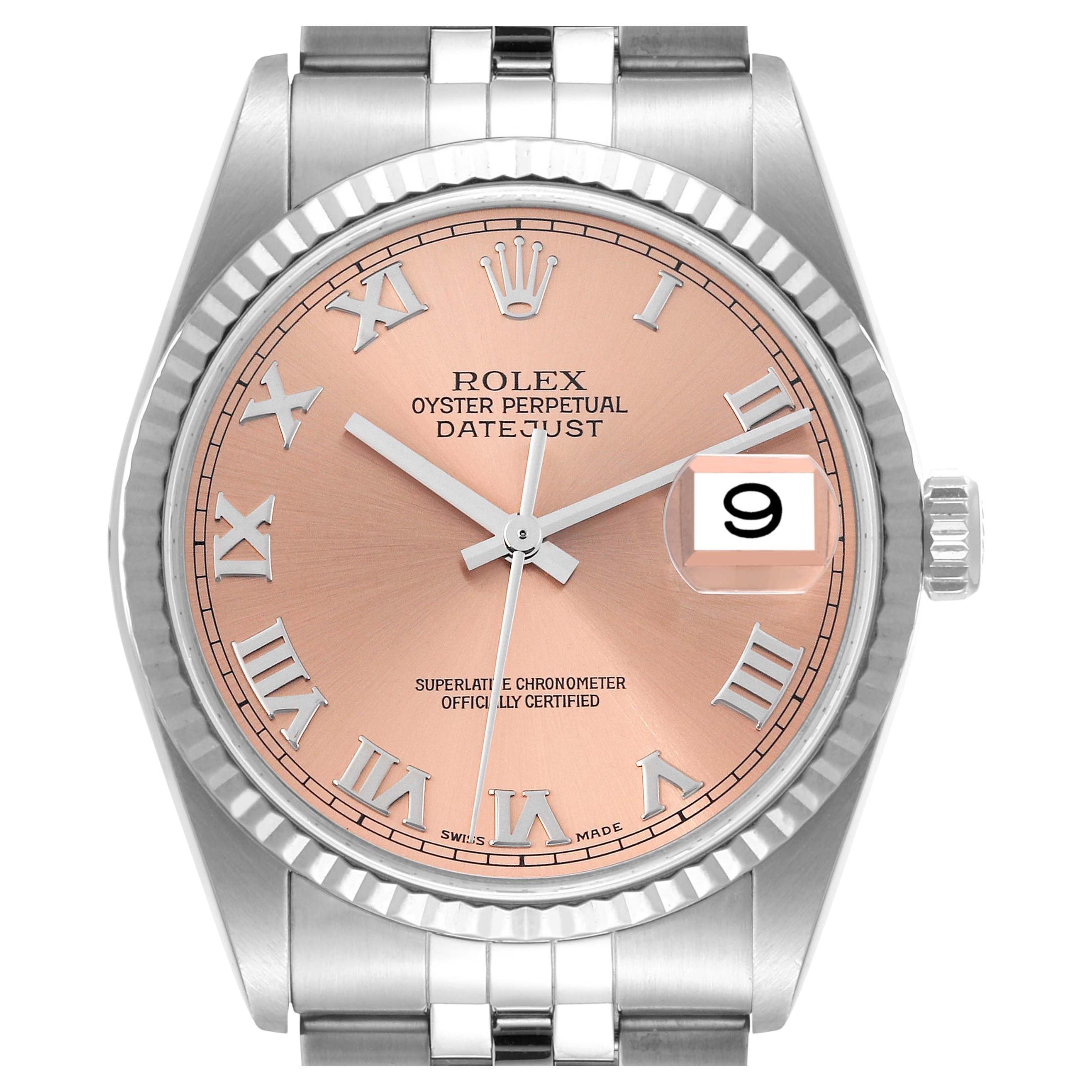 Rolex Datejust 36 Steel White Gold Salmon Roman Dial Mens Watch 16234