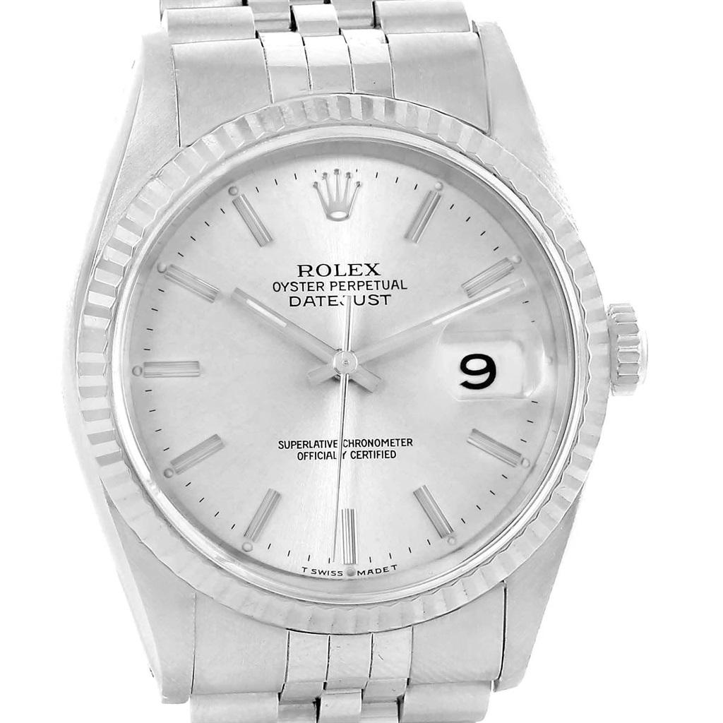 Rolex Datejust 36 Steel White Gold Silver Baton Dial Men’s Watch 16234 For Sale 5