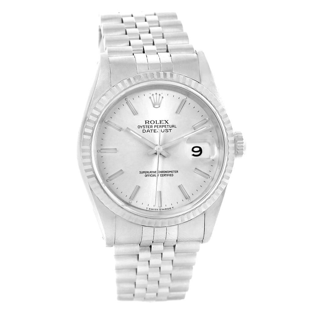 Rolex Datejust 36 Steel White Gold Silver Baton Dial Men’s Watch 16234 For Sale 2