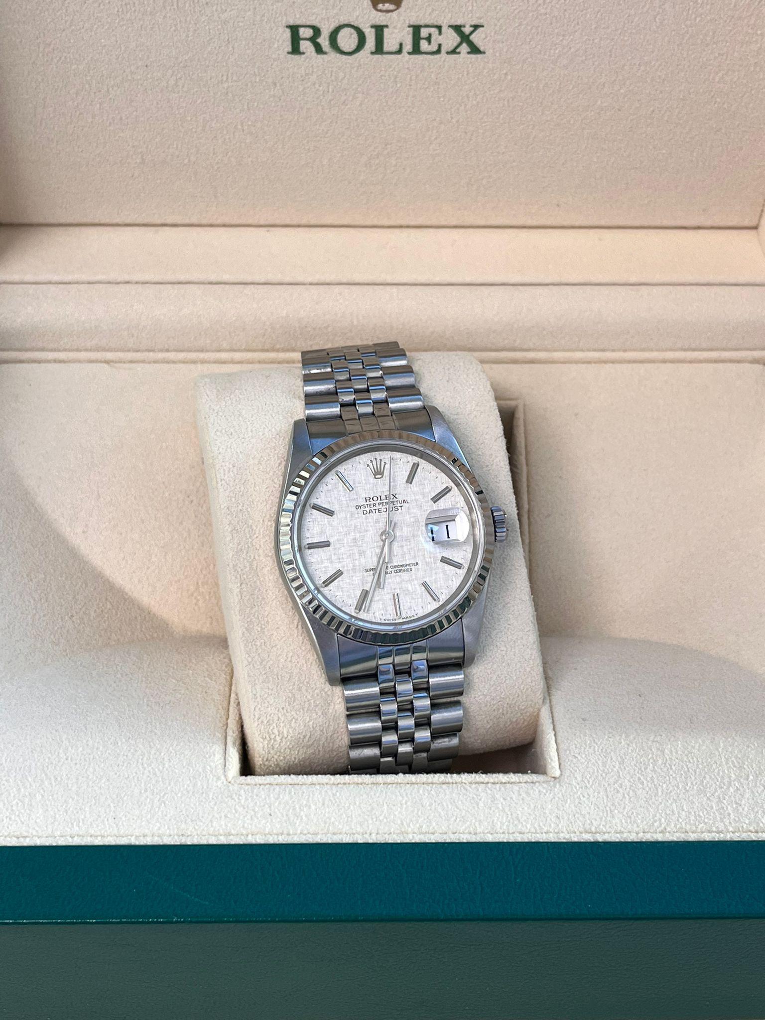 Modernist Rolex Datejust 36 Steel White Gold Silver Linen Dial Jubilee Mens Watch 16234 For Sale