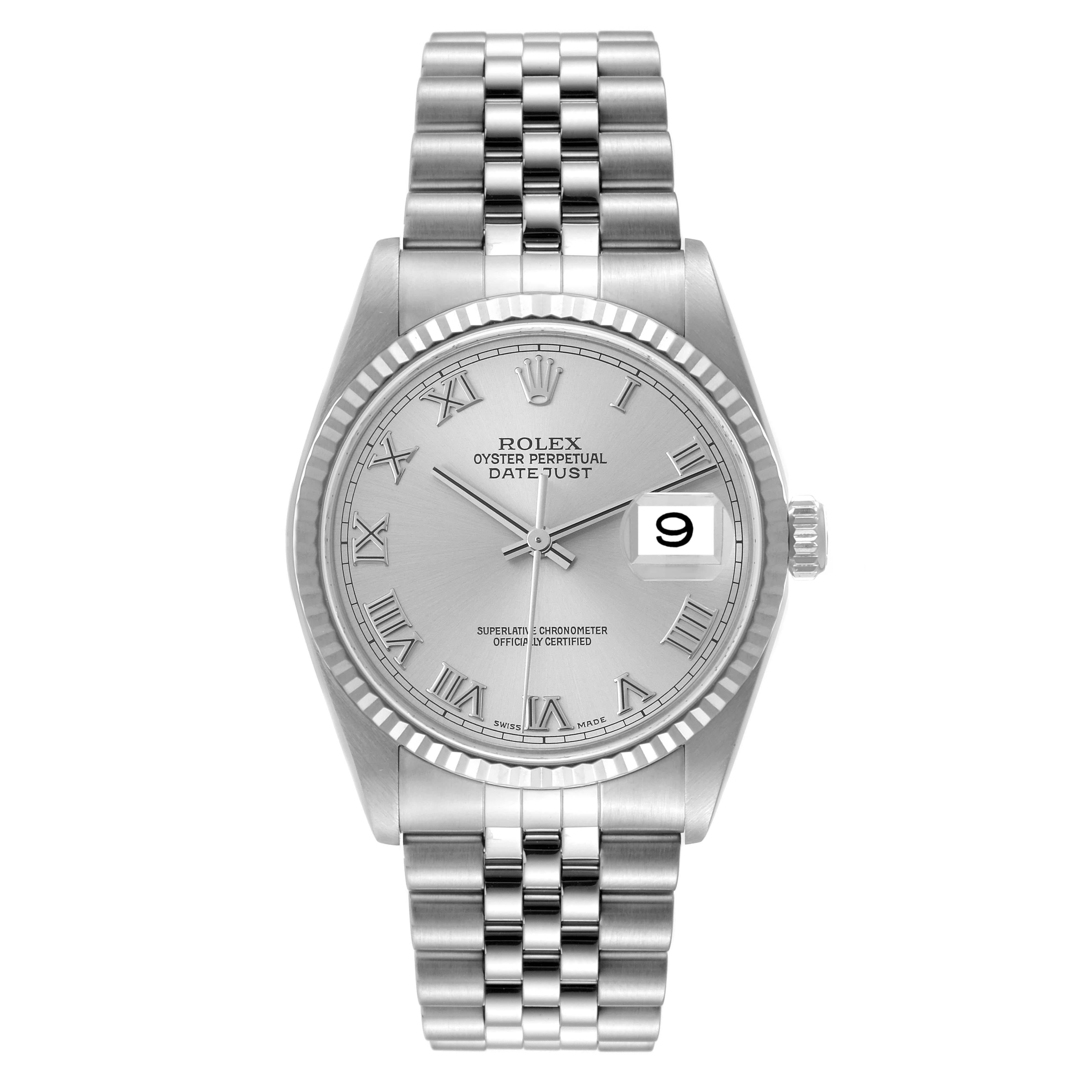 Rolex Datejust 36 Steel White Gold Silver Roman Dial Mens Watch 16234 Box Papers. Officially certified chronometer self-winding movement. Stainless steel oyster case 36 mm in diameter. Rolex logo on a crown. 18k white gold fluted bezel. Scratch