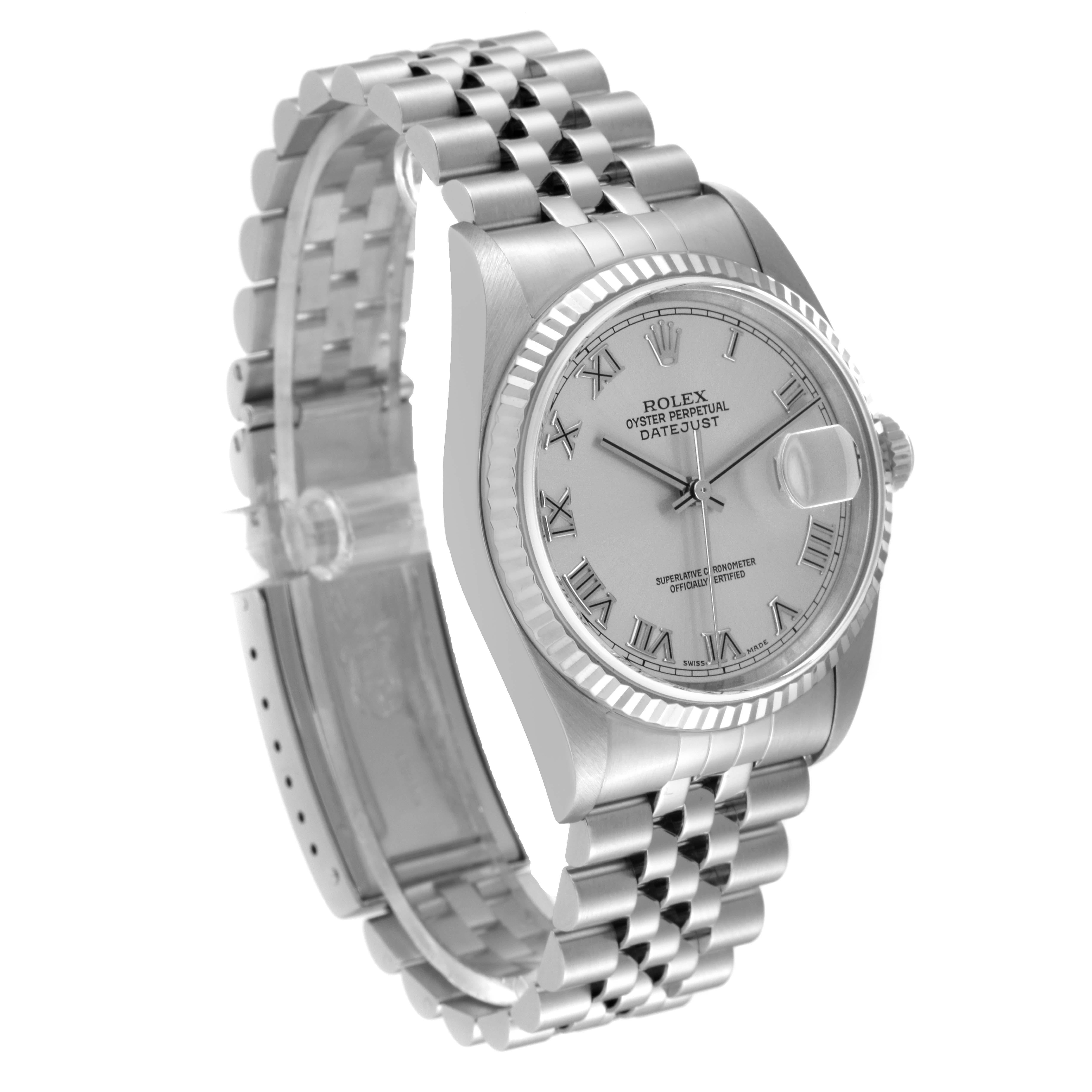 Rolex Datejust 36 Steel White Gold Silver Roman Dial Mens Watch 16234 Box Papers In Excellent Condition In Atlanta, GA