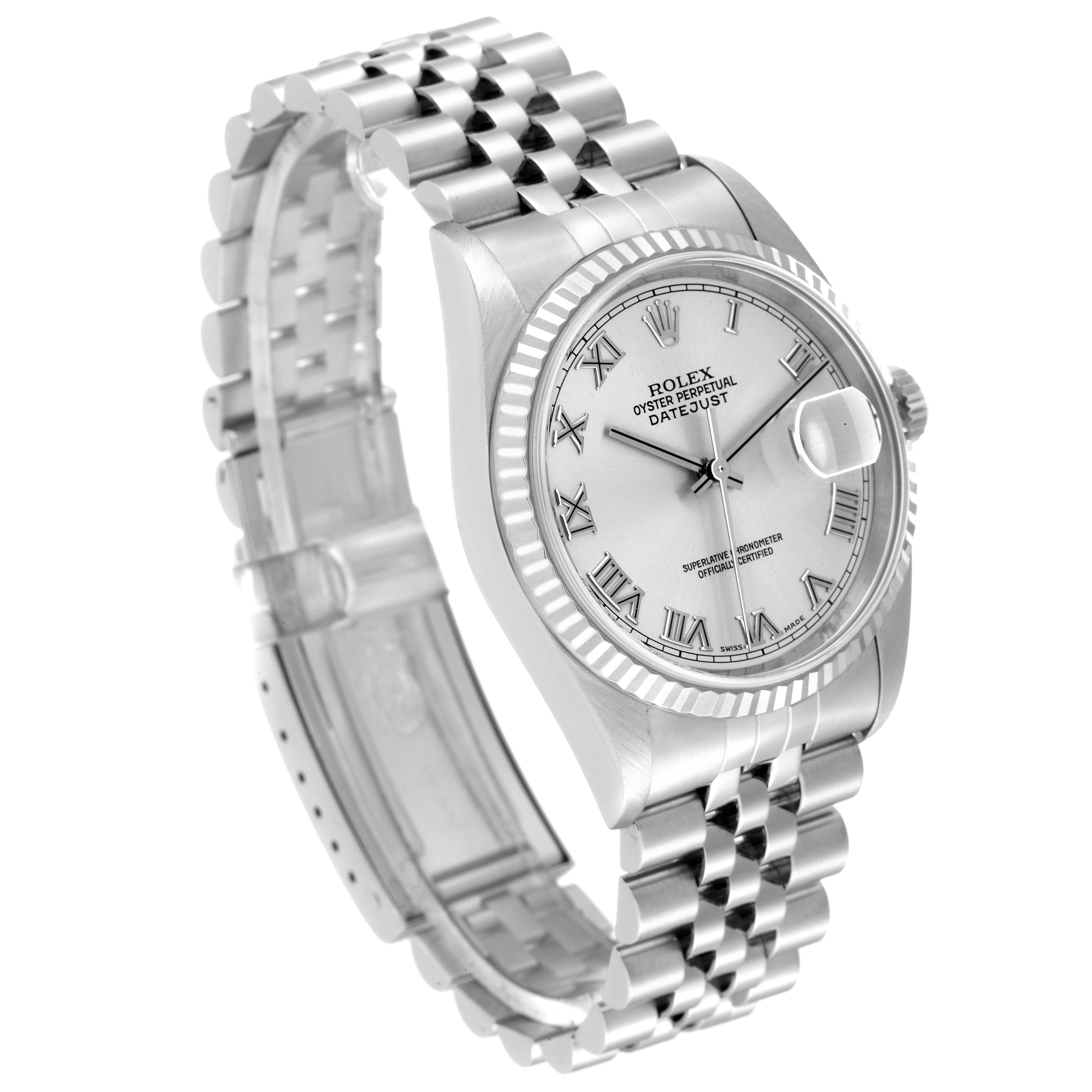 Rolex Datejust 36 Steel White Gold Silver Roman Dial Mens Watch 16234 Box Papers In Good Condition In Atlanta, GA
