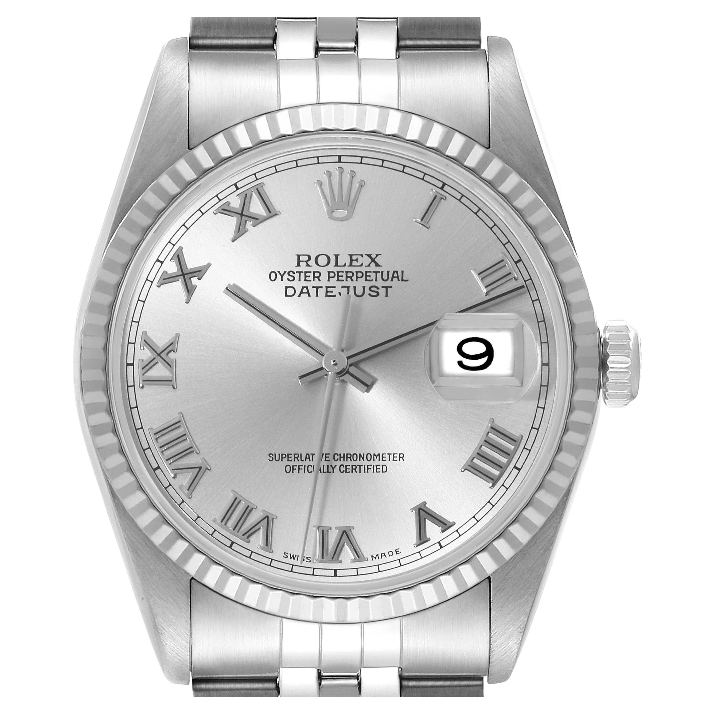 Rolex Datejust 36 Steel White Gold Silver Roman Dial Mens Watch 16234 Box Papers