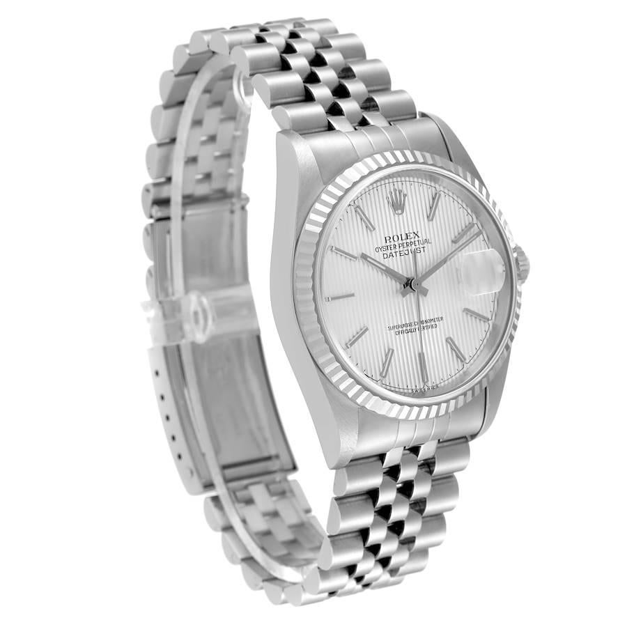 Rolex Datejust 36 Stahl-Weißgold-Silber-Wandteppich-Zifferblatt-Herrenuhr 16234 im Zustand „Hervorragend“ im Angebot in Atlanta, GA