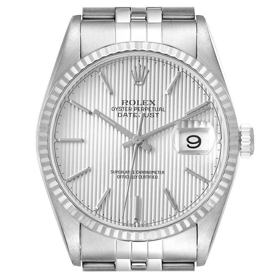 Rolex Datejust 36 Stahl-Weißgold-Silber-Wandteppich-Zifferblatt-Herrenuhr 16234