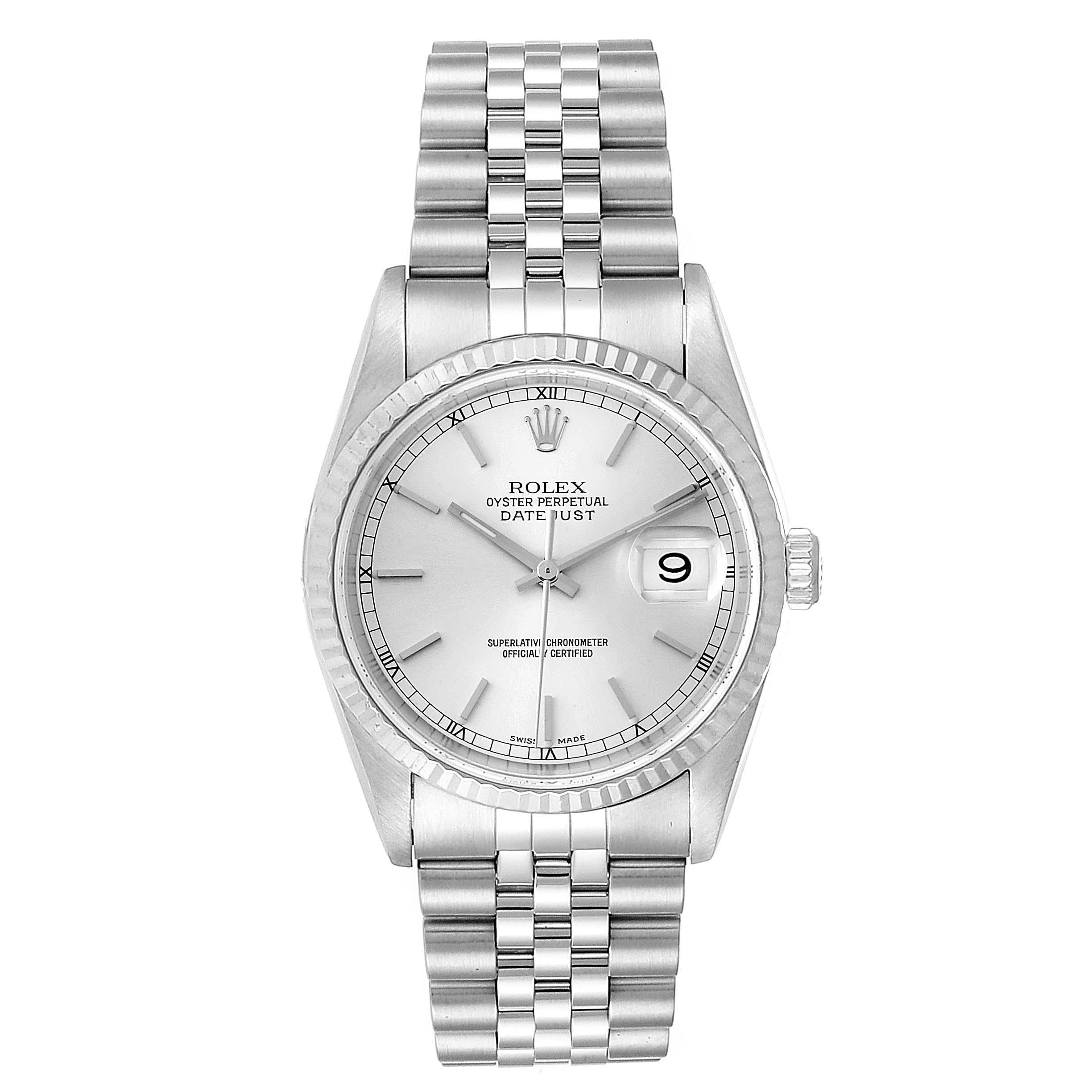 Rolex Datejust 36 Steel White Gold Tapestry Dial Mens Watch 16234. Officially certified chronometer self-winding movement. Stainless steel oyster case 36 mm in diameter. Rolex logo on a crown. 18k white gold fluted bezel. Scratch resistant sapphire