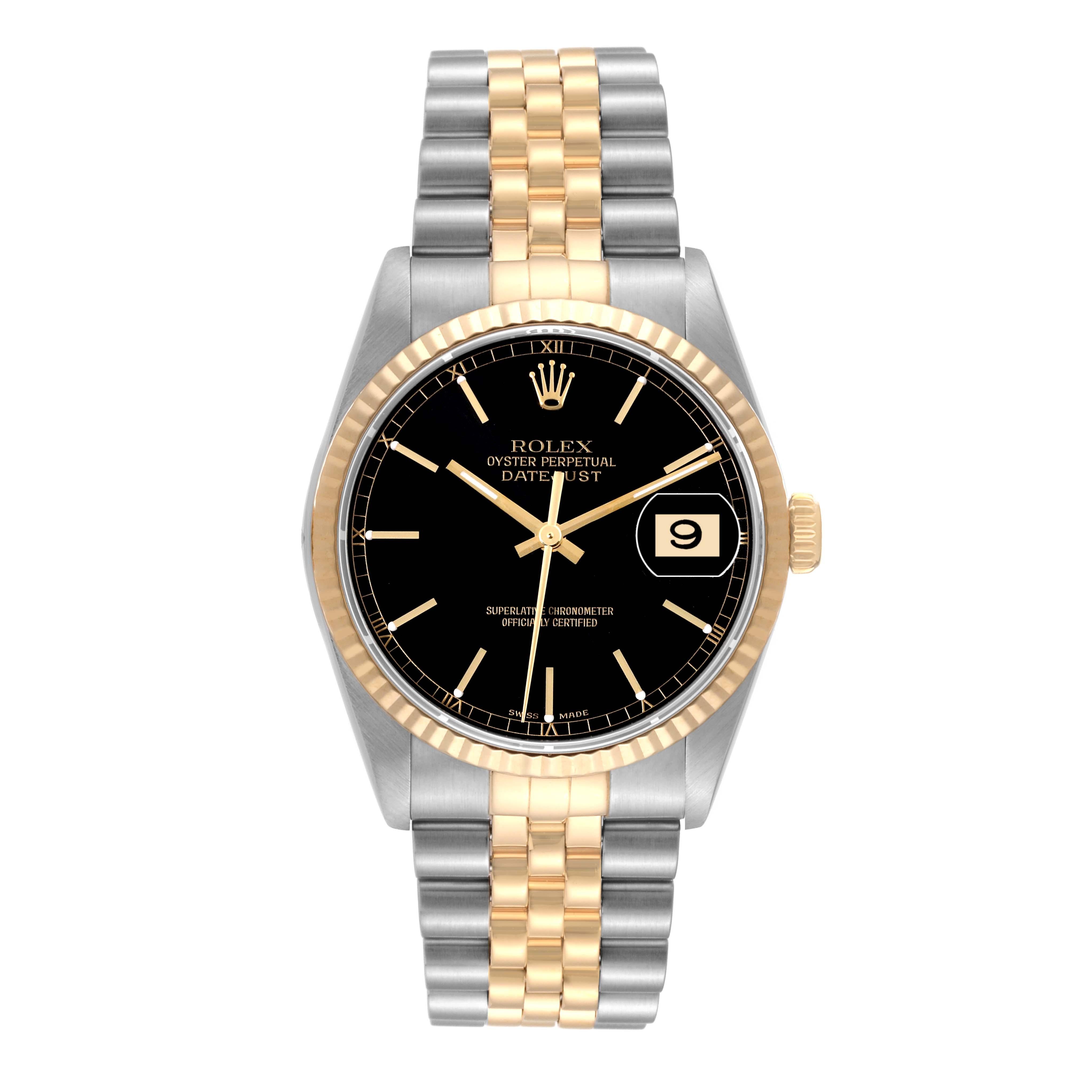 Rolex Datejust 36 Steel Yellow Gold Black Dial Mens Watch 16233 Box Papers. Officially certified chronometer automatic self-winding movement. Stainless steel case 36 mm in diameter.  Rolex logo on an 18K yellow gold crown. 18k yellow gold fluted
