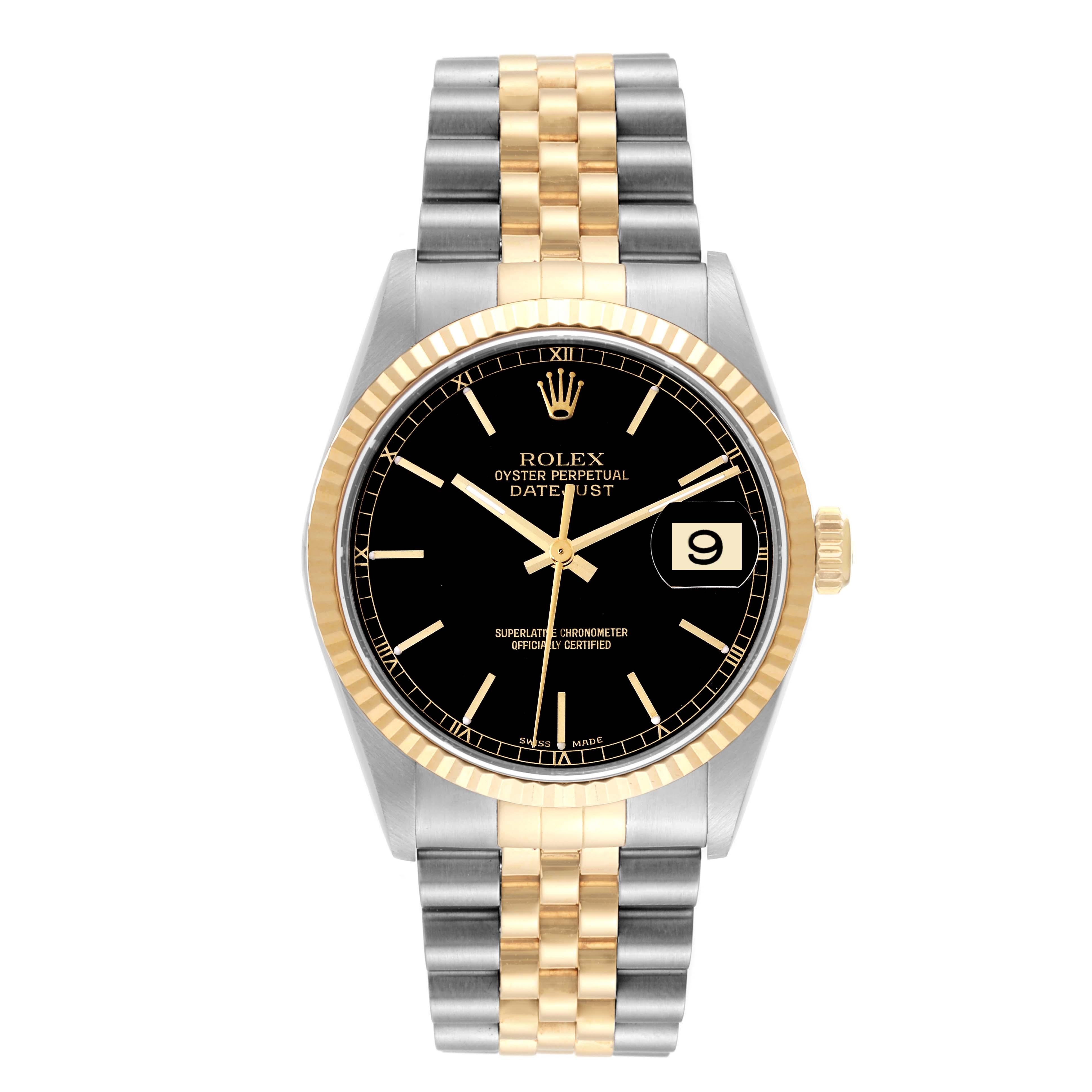 Rolex Datejust 36 Steel Yellow Gold Black Dial Mens Watch 16233. Officially certified chronometer automatic self-winding movement. Stainless steel case 36 mm in diameter.  Rolex logo on an 18K yellow gold crown. 18k yellow gold fluted bezel. Scratch