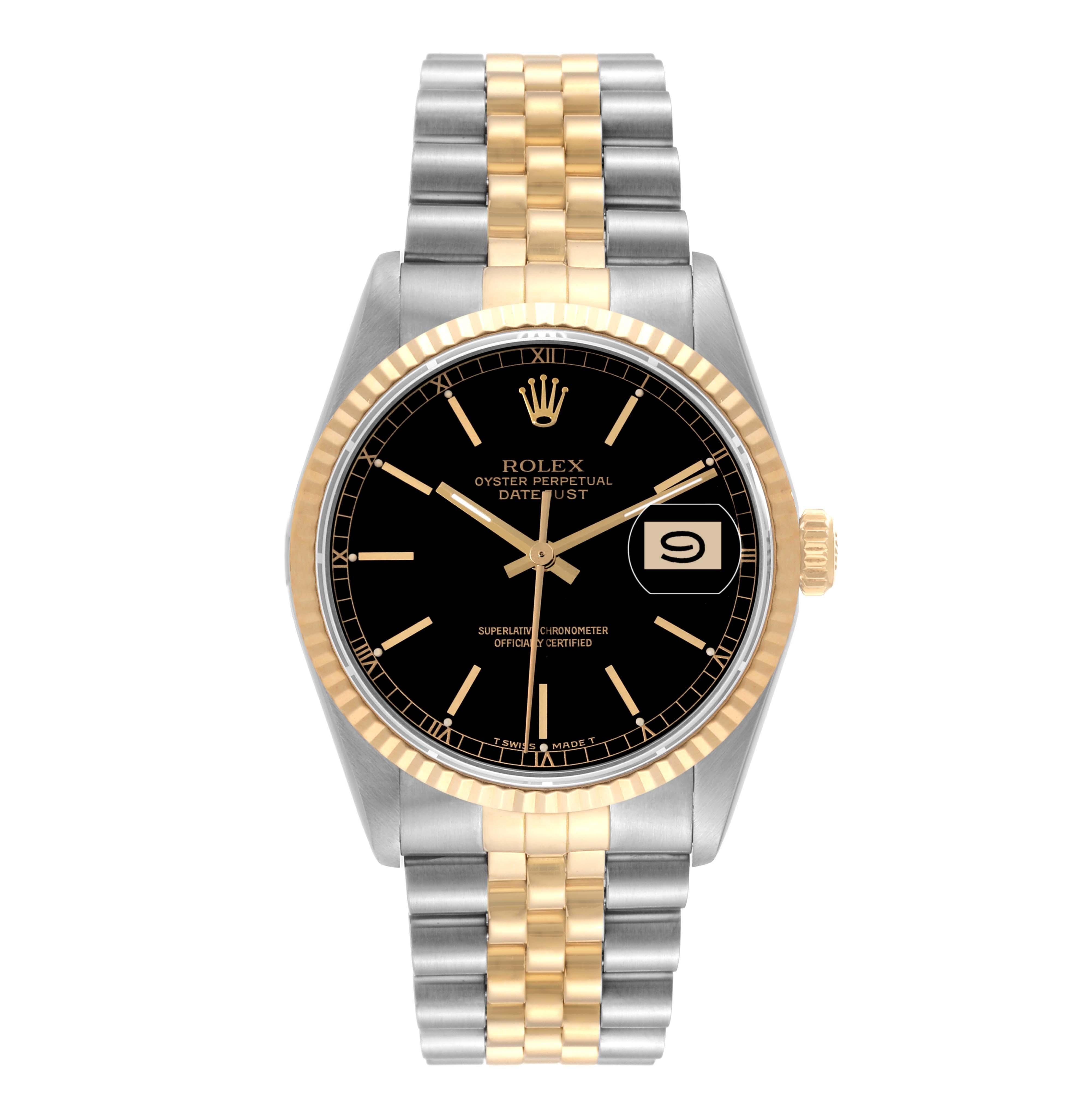Rolex Datejust 36 Steel Yellow Gold Black Dial Mens Watch 16233. Officially certified chronometer automatic self-winding movement. Stainless steel case 36 mm in diameter.  Rolex logo on an 18k yellow gold crown. 18k yellow gold fluted bezel. Scratch