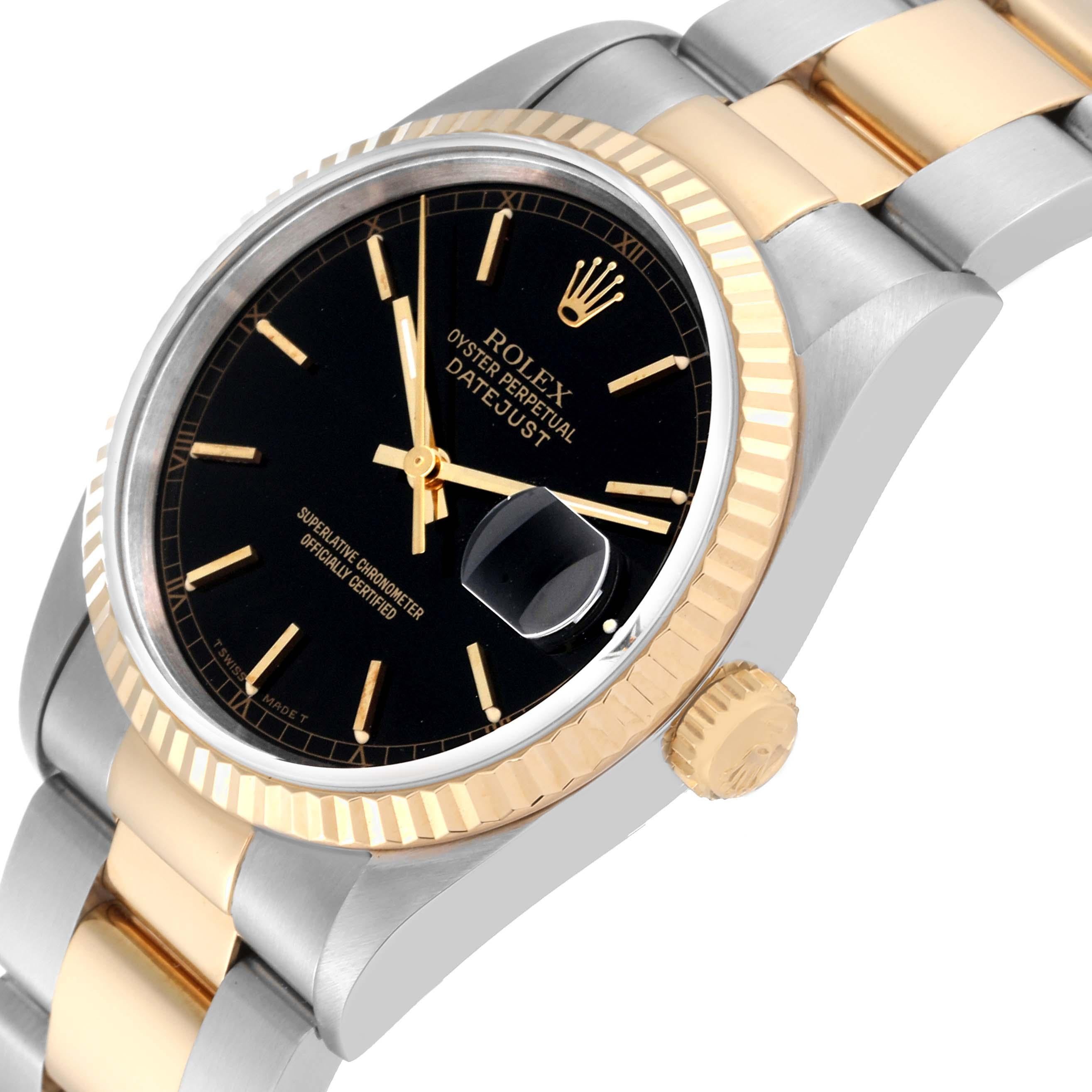 Rolex Datejust 36 Steel Yellow Gold Black Dial Mens Watch 16233 In Excellent Condition For Sale In Atlanta, GA