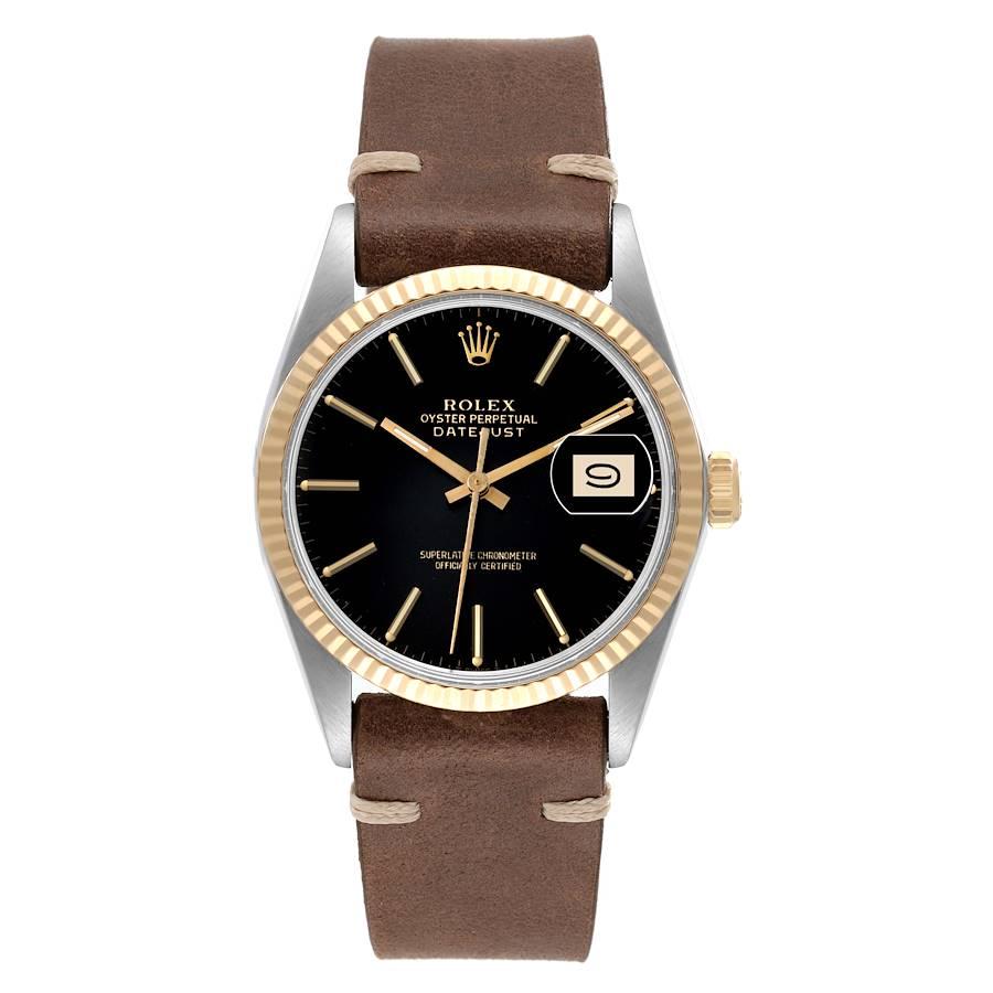 Rolex Datejust 36 Steel Yellow Gold Black Dial Vintage Mens Watch 16013. Officially certified chronometer automatic self-winding movement. Stainless steel and 18K yellow gold oyster case 36.0 mm in diameter. Rolex logo on the crown. 18k yellow gold