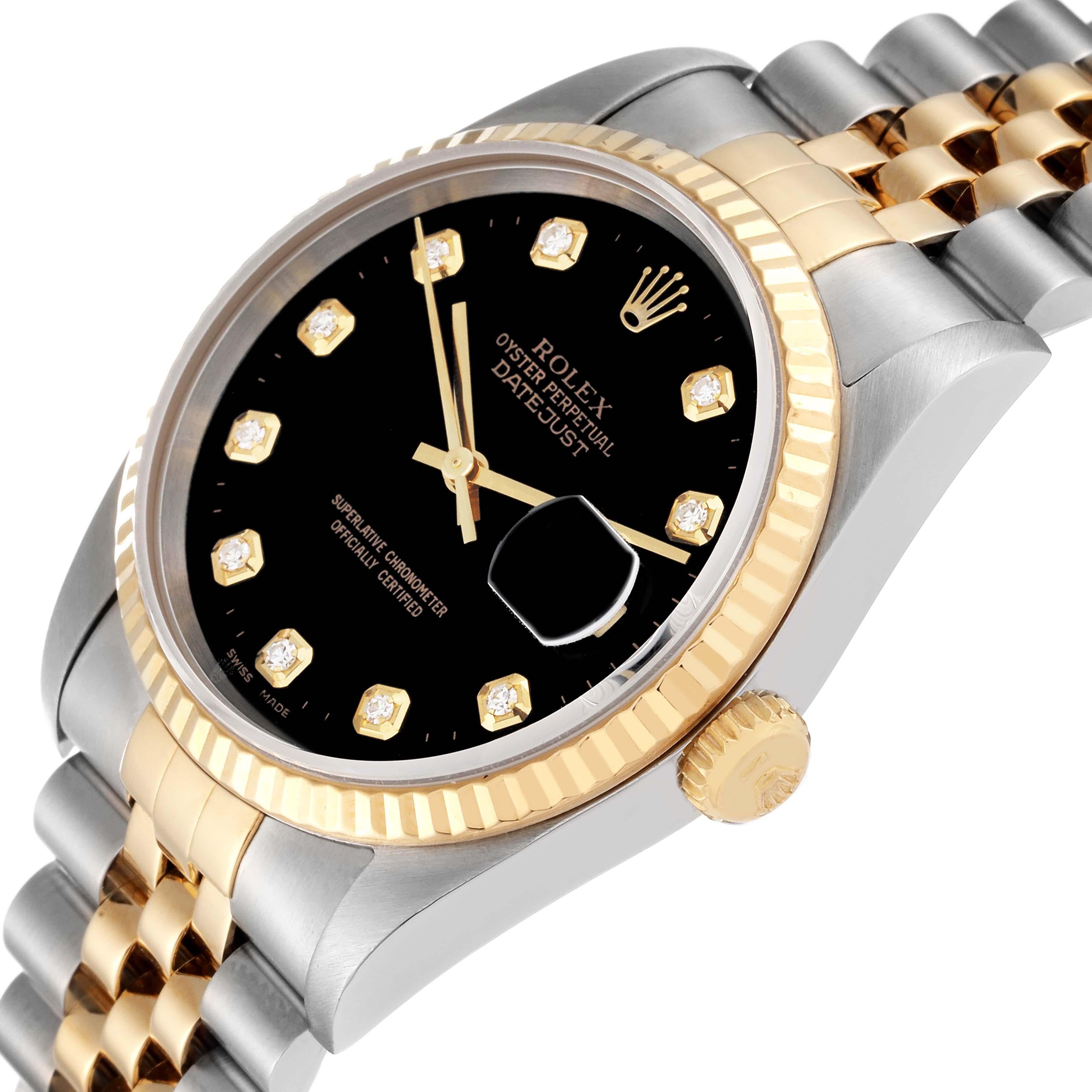 Rolex Datejust 36 Steel Yellow Gold Black Diamond Dial Mens Watch 16233 In Good Condition In Atlanta, GA