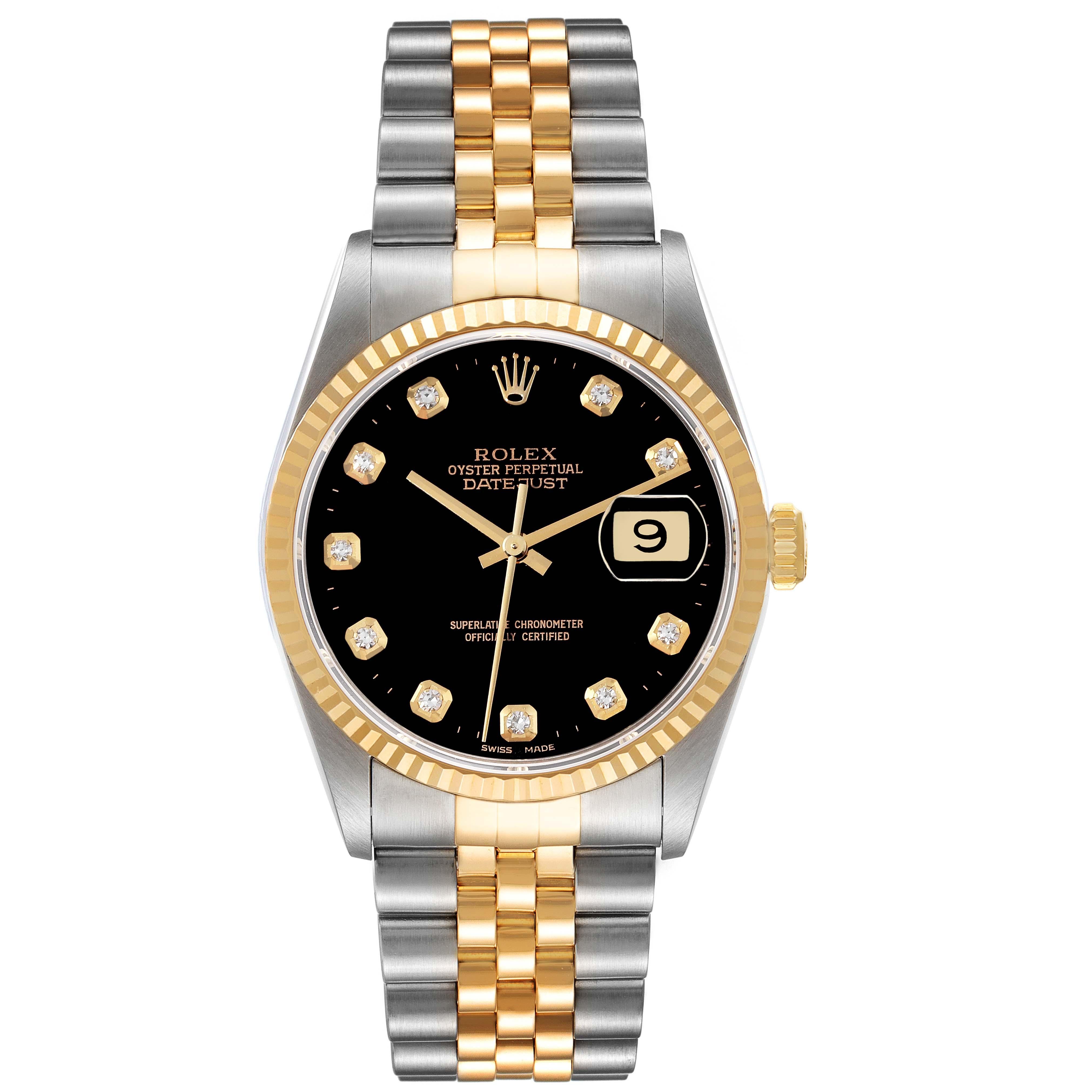 Men's Rolex Datejust 36 Steel Yellow Gold Black Diamond Dial Mens Watch 16233