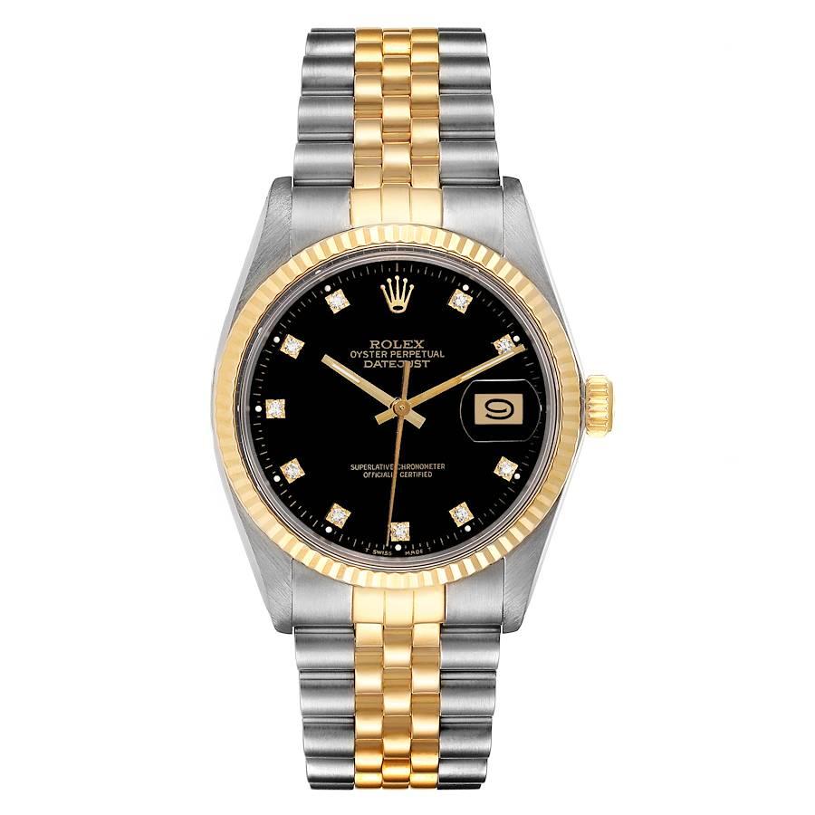 Rolex Datejust 36 Steel Yellow Gold Black Diamond Dial Vintage Mens Watch 16013. Officially certified chronometer self-winding movement. Stainless steel oyster case 36.0 mm in diameter. Rolex logo on a crown. 18k yellow gold fluted bezel. Acrylic
