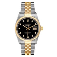 Rolex Datejust 36 Steel Yellow Gold Black Diamond Dial Vintage Mens Watch 16013
