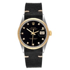 Rolex Datejust 36 Steel Yellow Gold Black Diamond Dial Vintage Mens Watch 16013