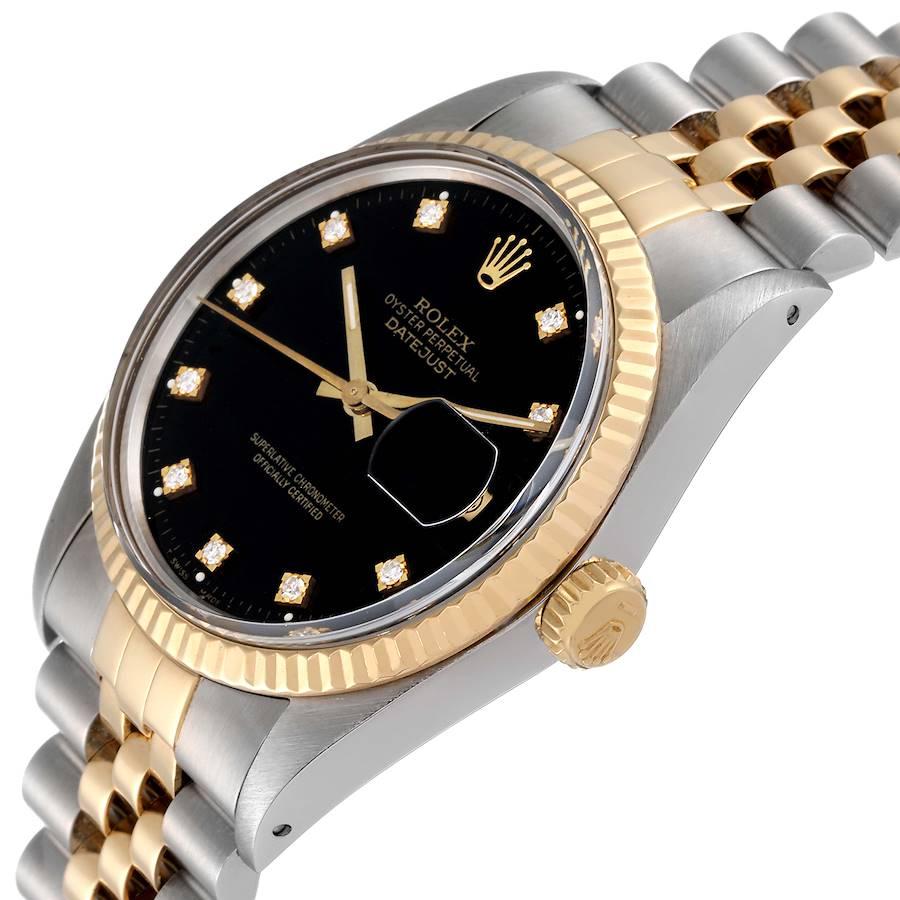 Men's Rolex Datejust 36 Steel Yellow Gold Black Diamond Dial Vintage Mens Watch 16013