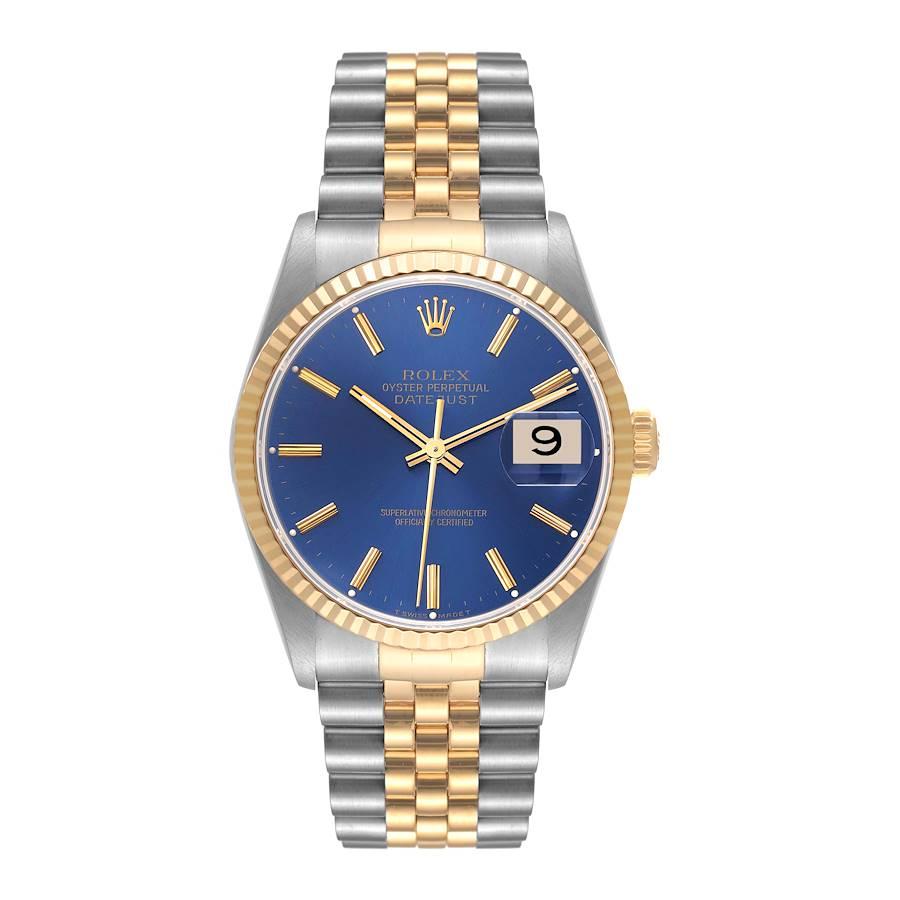 Rolex Datejust 36 Acero Oro Amarillo Esfera Azul Reloj Caballero 16233. Movimiento automático con certificado oficial de cronómetro. Caja de acero inoxidable de 36 mm de diámetro.  Logotipo Rolex en una corona de oro amarillo de 18 quilates. bisel