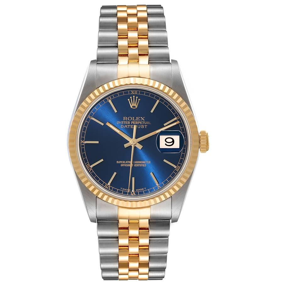 Rolex Datejust 36 Steel Yellow Gold Blue Dial Mens Watch 16233. Officially certified chronometer automatic self-winding movement. Stainless steel case 36 mm in diameter.  Rolex logo on an 18K yellow gold crown. 18k yellow gold fluted bezel. Scratch
