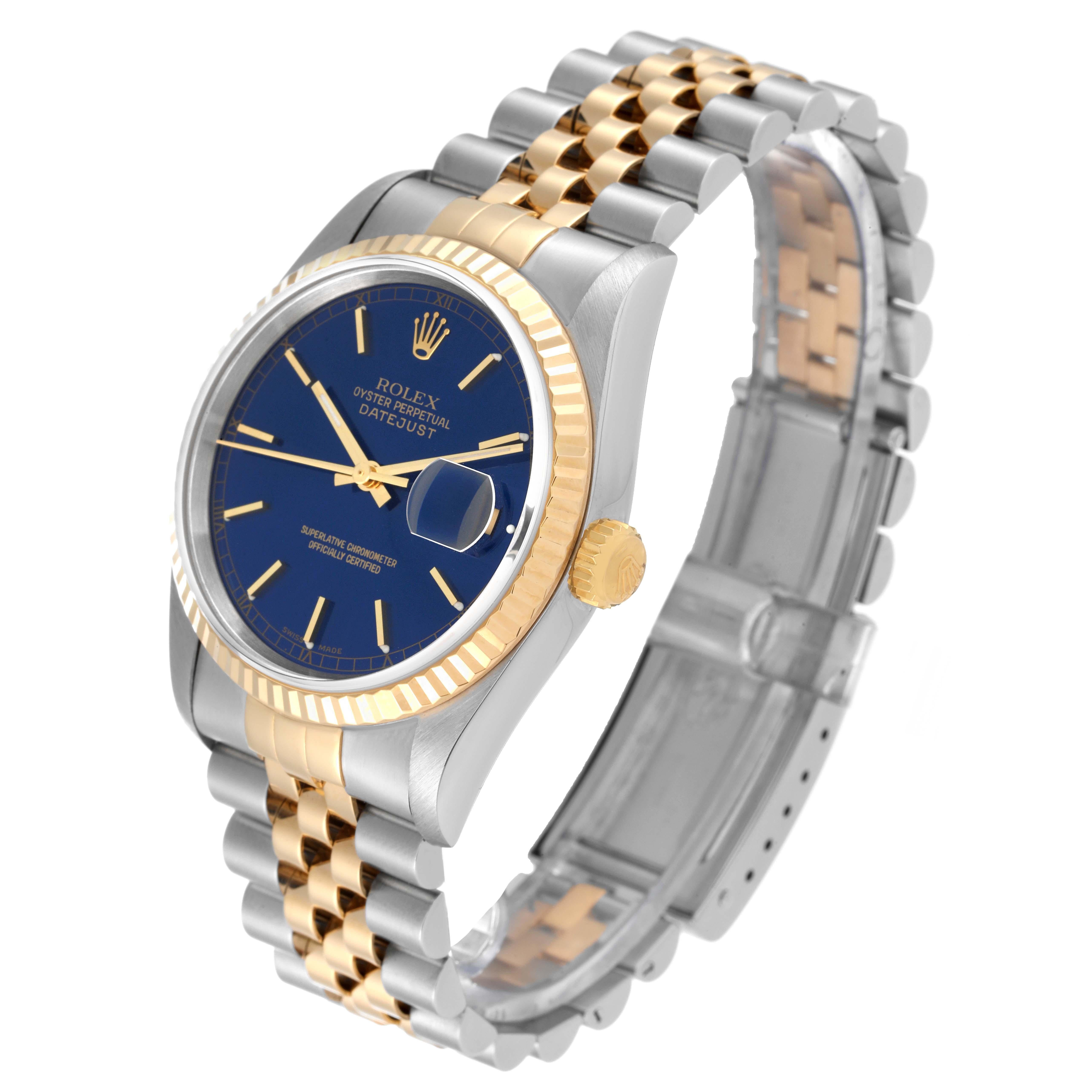 Rolex Datejust 36 Steel Yellow Gold Blue Dial Mens Watch 16233 In Excellent Condition In Atlanta, GA