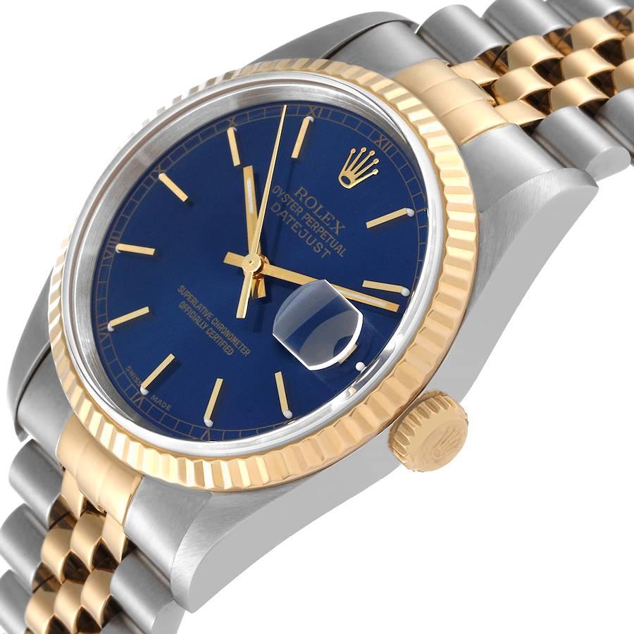 Rolex Datejust 36 Steel Yellow Gold Blue Dial Mens Watch 16233 In Good Condition In Atlanta, GA