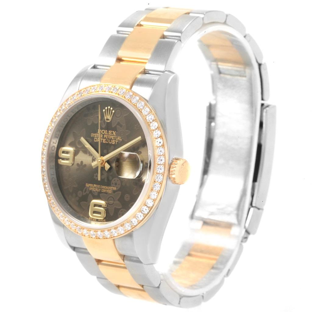 Rolex Datejust 36 Steel Yellow Gold Bronze Flower Dial Watch 116233. Officially certified chronometer automatic self-winding movement. F5837943. 18k yellow gold original Rolex factory diamond bezel. Scratch resistant sapphire crystal with cyclops
