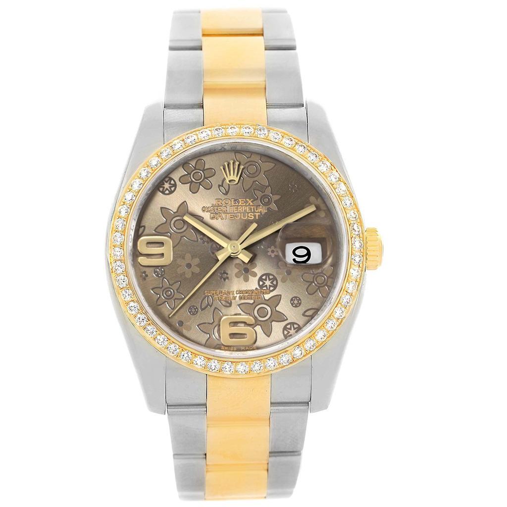 Rolex Datejust 36 Steel Yellow Gold Bronze Flower Dial Watch 116233 In Excellent Condition In Atlanta, GA