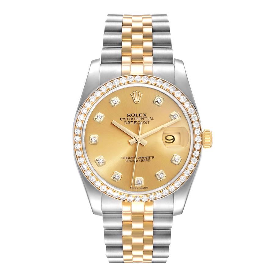 Rolex Datejust 36 Steel Yellow Gold Champagne Dial Diamond Watch 116243. Officially certified chronometer self-winding movement. Stainless steel case 36.0 mm in diameter. Rolex logo on a crown. Original Rolex factory 18k yellow gold diamond bezel.