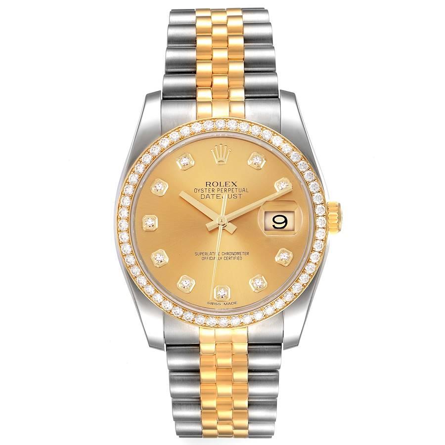 Rolex Datejust 36 Stahl Gelbgold Champagner Zifferblatt Diamant Uhr 116243. Offiziell zertifiziertes Chronometerwerk mit automatischem Aufzug. Gehäuse aus Edelstahl mit einem Durchmesser von 36.0 mm.  Rolex Logo auf einer Krone. Original Rolex