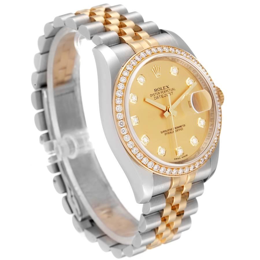 Rolex Datejust 36 Stahl-Gelbgold-Diamant-Uhr 116243 mit Champagner-Zifferblatt im Zustand „Hervorragend“ im Angebot in Atlanta, GA