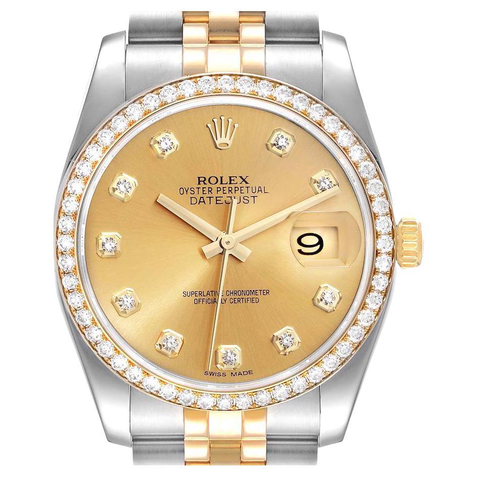 Rolex Datejust 36 Steel Yellow Gold Champagne Dial Diamond Watch 116243 For Sale